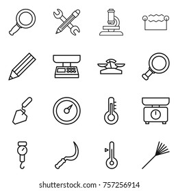 Thin line icon set : magnifier, pencil wrench, microscope, electrostatic, market scales, construction, barometer, thermometer, kitchen, handle, sickle, rake