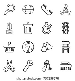 Thin line icon set : magnifier, globe, phone, spinner, crystall memory, bin, stopwatch, traffic light, basket, earth, flippers, chair, scissors, wrench, vacuum cleaner, brush