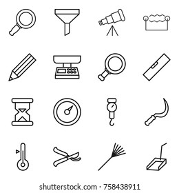 Thin line icon set : magnifier, funnel, telescope, electrostatic, pencil, market scales, level, sand clock, barometer, handle, sickle, thermometer, pruner, rake, scoop