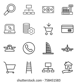 Thin line icon set : magnifier, hierarchy, money, cashbox, notebook, virtual mining, add to cart, credit card, scales, phone, skyscraper, plane, stairs, housing