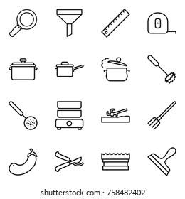 Thin line icon set : magnifier, funnel, ruler, measuring tape, pan, saute, steam, whisk, skimmer, double boiler, soil cutter, fork, eggplant, pruner, sponge, scraper