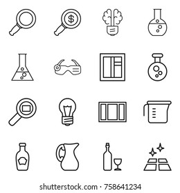 Thin line icon set : magnifier, dollar, bulb brain, round flask, smart glasses, window, chemical, cargo search, measuring cup, ketchup, jug, wine, clean floor