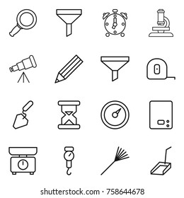 Thin line icon set : magnifier, funnel, alarm clock, microscope, telescope, pencil, measuring tape, construction, sand, barometer, kitchen scales, handle, rake, scoop