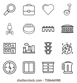 Thin line icon set : magnifier, portfolio, heart, hoverboard, smart bracelet, bridge, airport building, modular house, city, traffic light, disco ball, watch, power switch, chest of drawers