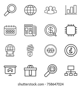 Thin line icon set : magnifier, globe, group, graph, calendar, newspaper, dollar arrow, chip, notebook, bulb, crypto currency, info, presentation, hi quality package, cargo search, hierarchy
