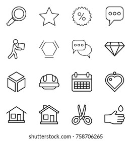 Thin line icon set : magnifier, star, percent, message, courier, hex molecule, discussion, diamond, 3d, building helmet, calendar, heart pendant, home, scissors, hand drop