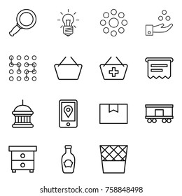 Thin line icon set : magnifier, bulb, round around, chemical industry, chip, basket, add to, atm receipt, goverment house, mobile location, package box, railroad shipping, nightstand, ketchup