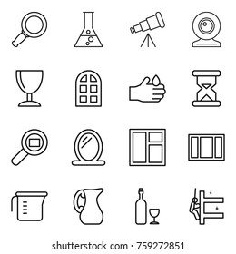 Thin line icon set : magnifier, flask, telescope, web cam, wineglass, arch window, acid, sand clock, cargo search, mirror, measuring cup, jug, wine, skyscrapers cleaning