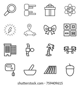 Thin line icon set : magnifier, diagram, gift, atom, lightning, car pointer, bow, calculator, houses, satellite, palm, hammock, mixer, mortar, field, acorn