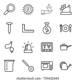 Thin line icon set : magnifier, sun power, chemical industry, cashbox, nail, ruler, cafe, golf, alarm, tv, saute pan, measuring cup, skimmer, grill oven, watering can