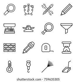 Thin line icon set : magnifier, alarm clock, pencil wrench, market scales, funnel, brick wall, measuring tape, sand, thermometer, handle, rake, scoop