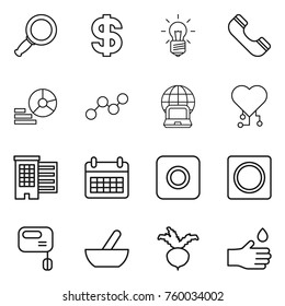 Thin line icon set : magnifier, dollar, bulb, phone, diagram, graph, notebook globe, cardio chip, houses, calendar, ring button, mixer, mortar, beet, hand drop