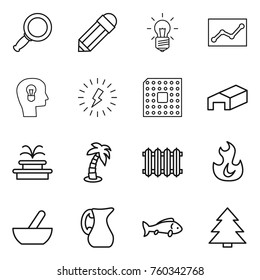 Thin line icon set : magnifier, pencil, bulb, statistics, head, lightning, cpu, warehouse, fountain, palm, radiator, fire, mortar, jug, fish, spruce