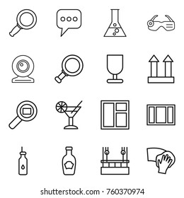 Thin line icon set : magnifier, message, flask, smart glasses, web cam, fragile, cargo top sign, search, cocktail, window, vegetable oil, ketchup, skysrcapers cleaning, wiping