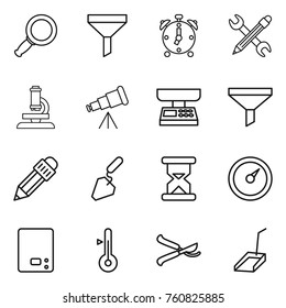 Thin line icon set : magnifier, funnel, alarm clock, pencil wrench, microscope, telescope, market scales, construction, sand, barometer, kitchen, thermometer, pruner, scoop