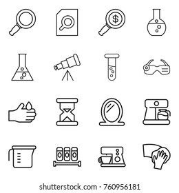 Thin line icon set : magnifier, search document, dollar, round flask, telescope, vial, smart glasses, acid, sand clock, mirror, coffee maker, measuring cup, spices, wiping