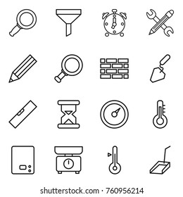 Thin line icon set : magnifier, funnel, alarm clock, pencil wrench, brick wall, construction, level, sand, barometer, thermometer, kitchen scales, scoop
