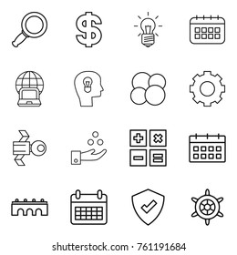 Thin line icon set : magnifier, dollar, bulb, calendar, notebook globe, head, atom core, gear, satellite, chemical industry, calculator, bridge, protected, handwheel