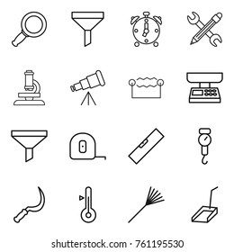 Thin line icon set : magnifier, funnel, alarm clock, pencil wrench, microscope, telescope, electrostatic, market scales, measuring tape, level, handle, sickle, thermometer, rake, scoop