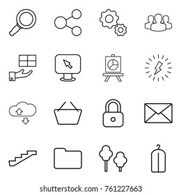 Thin line icon set : magnifier, share, gear, group, gift, monitor arrow, presentation, lightning, cloude service, basket, lock, mail, stairs, documents, trees, dry wash