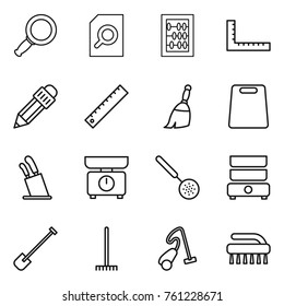 Thin line icon set : magnifier, search document, abacus, ruler, pencil, broom, cutting board, stands for knives, kitchen scales, skimmer, double boiler, shovel, rake, vacuum cleaner, brush