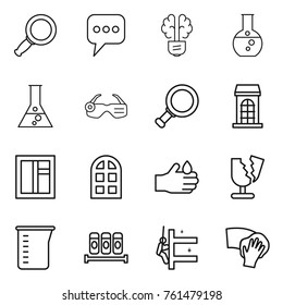 Thin line icon set : magnifier, message, bulb brain, round flask, smart glasses, building, window, arch, acid, broken, measuring cup, spices, skyscrapers cleaning, wiping