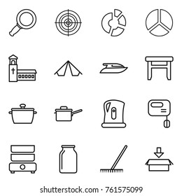 Thin line icon set : magnifier, target, circle diagram, church, tent, yacht, stool, pan, saute, kettle, mixer, double boiler, bank, rake, package