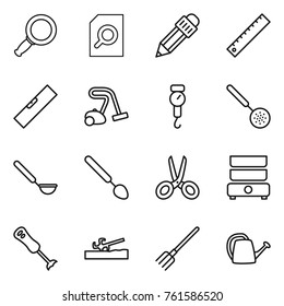 Thin line icon set : magnifier, search document, pencil, ruler, level, vacuum cleaner, handle scales, skimmer, ladle, big spoon, scissors, double boiler, blender, soil cutter, fork, watering can