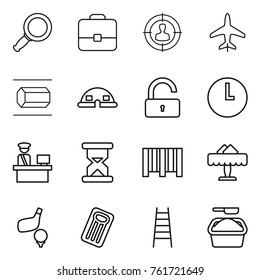 Thin line icon set : magnifier, portfolio, target audience, plane, nano tube, dome house, unlock, clock, customs control, sand, bar code, restaurant, golf, inflatable mattress, stairs