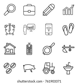 Thin line icon set : magnifier, portfolio, pencil, diagram, alarm clock, presentation, phone wireless, flip flops, home, remote control, pan, plow, coffee seeds, pig, tractor, water tap sink