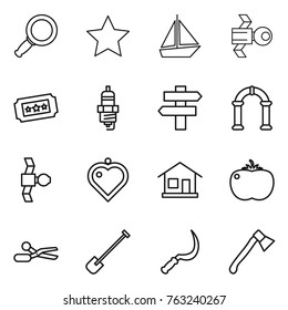 Thin line icon set : magnifier, star, boat, satellite, ticket, spark plug, singlepost, arch, heart pendant, home, tomato, scissors, shovel, sickle, axe