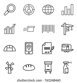 Thin line icon set : magnifier, target audience, globe, graph, diagram, delivery, bar code, tower crane, greenhouse, mobile location, inventory, trailer, windmill, bread, hive, sprayer