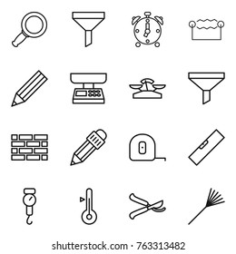 Thin line icon set : magnifier, funnel, alarm clock, electrostatic, pencil, market scales, brick wall, measuring tape, level, handle, thermometer, pruner, rake