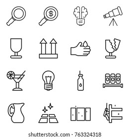 Thin line icon set : magnifier, dollar, bulb brain, telescope, fragile, cargo top sign, acid, broken, cocktail, vegetable oil, spices, jug, clean floor, window, skyscrapers cleaning