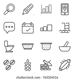 Thin line icon set : magnifier, marker, graph, mobile location, sms, terms, sorting, pool, toilet, colander, mortar, coffee seeds, spikelets, construct garbage, bug