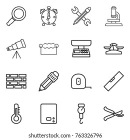Thin line icon set : magnifier, alarm clock, pencil wrench, microscope, telescope, electrostatic, market scales, brick wall, measuring tape, level, thermometer, kitchen, handle, pruner