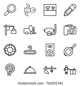 Thin line icon set : magnifier, satellite, tools, pencil, loading, fork loader, diving mask, camera, lifebuoy, hanger, speaker, pan, elecric oven, meal cap, plow, kitchen cleaning