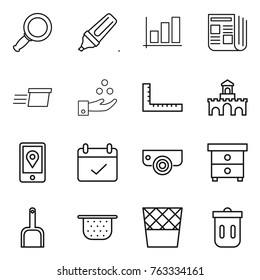 Thin line icon set : magnifier, marker, graph, newspaper, delivery, chemical industry, ruler, fort, mobile location, terms, surveillance camera, nightstand, scoop, colander, trash bin