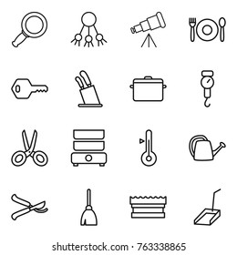 Thin line icon set : magnifier, share, telescope, cafe, key, stands for knives, pan, handle scales, scissors, double boiler, thermometer, watering can, pruner, broom, sponge, scoop