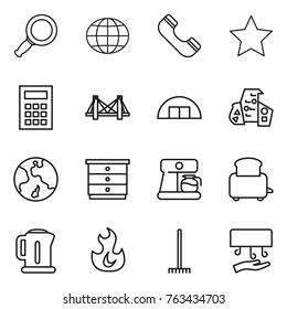 Thin line icon set : magnifier, globe, phone, star, calculator, bridge, hangare, modern architecture, earth, chest of drawers, coffee maker, toaster, kettle, fire, rake, hand dryer