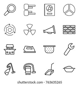 Thin line icon set : magnifier, diagram, annual report, around gear, nuclear, loudspeaker, brick wall, japanese house, iron, colander, wrench, vacuum cleaner, scoop, foam basin