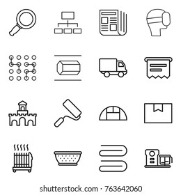 Thin Line Icon Set : Magnifier, Hierarchy, Newspaper, Virtual Mask, Chip, Nano Tube, Delivery, Atm Receipt, Fort, Repair, Greenhouse, Package Box, Radiator, Colander, Towel, Food Processor