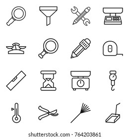 Thin line icon set : magnifier, funnel, pencil wrench, market scales, measuring tape, level, sand clock, kitchen, handle, thermometer, pruner, rake, scoop