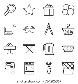 Thin line icon set : magnifier, star, gift, atom core, notebook wireless, smart glasses, drawing compasses, basket, restaurant, iron board, kettle, colander, mixer, oven, carrot, trash bin