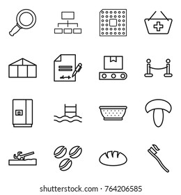 Thin line icon set : magnifier, hierarchy, cpu, add to basket, greenhouse, inventory, transporter tape, vip fence, fridge, pool, colander, mushroom, soil cutter, coffee seeds, bread, tooth brush