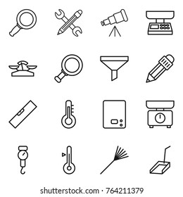 Thin line icon set : magnifier, pencil wrench, telescope, market scales, funnel, level, thermometer, kitchen, handle, rake, scoop