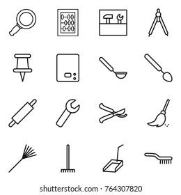 Thin line icon set : magnifier, abacus, tools, drawing compasses, pin, kitchen scales, ladle, big spoon, rolling, wrench, pruner, broom, rake, scoop, brush