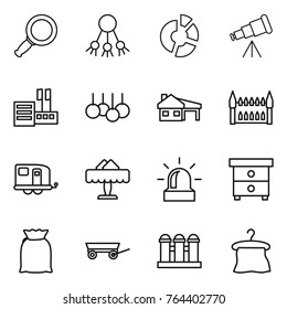 Thin line icon set : magnifier, share, circle diagram, telescope, store, sale, house with garage, gothic architecture, trailer, restaurant, alarm, nightstand, flour, grain elevator, hanger