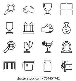 Thin line icon set : magnifier, smart glasses, wineglass, window, fragile, cargo top sign, acid, chemical, search, broken, cocktail, mirror, measuring cup, bank, skyscrapers cleaning