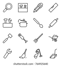 Thin line icon set : magnifier, tools, pencil, level, repair, steam pan, big spoon, rolling pin, meat hammer, blender, fork, wheelbarrow, wrench, broom, vacuum cleaner, scoop